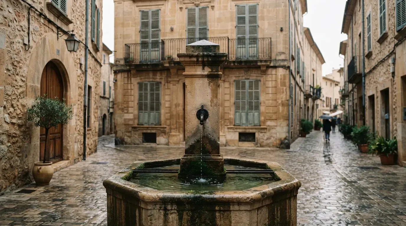 Ein Brunnen vor einer Sandsteinfassade in einer Altstadtgasse, nasses Kopfsteinpflaster und gedämpftes Licht eines bewölkten Morgens