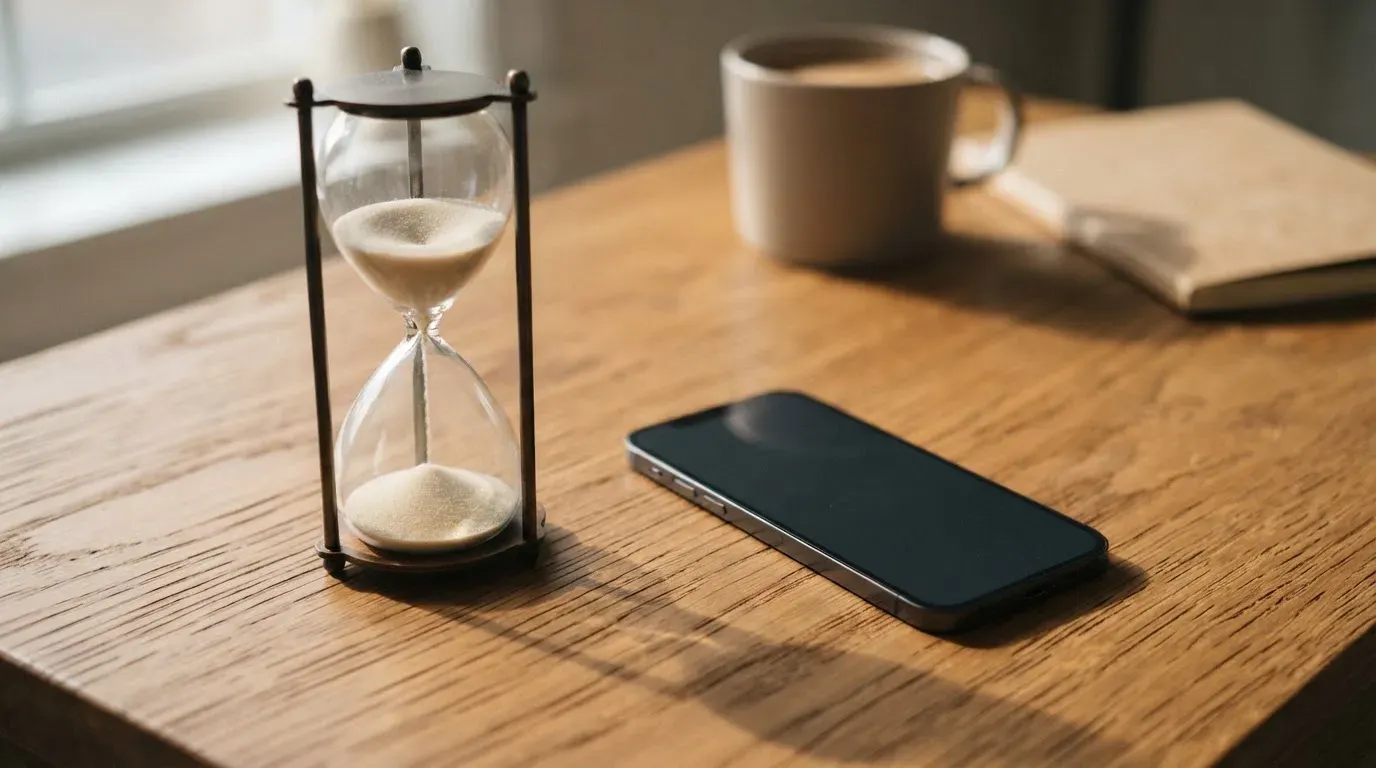Eine Sanduhr steht neben einem Smartphone mit dunklem Display auf einem Holztisch, ruhiges Tageslicht fällt von der Seite ein