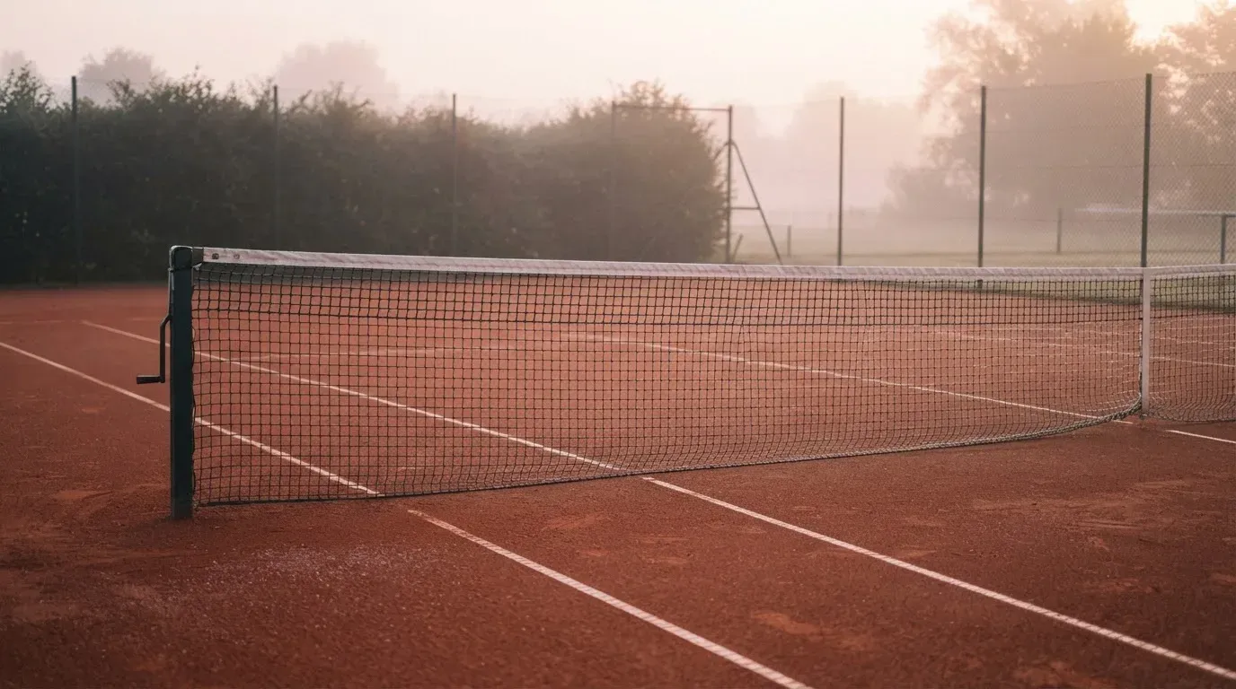 Ein Tennisplatz mit Sandbelag in der Morgendämmerung, Netz und Linien liegen im ersten Licht, Nebel hängt über dem Boden