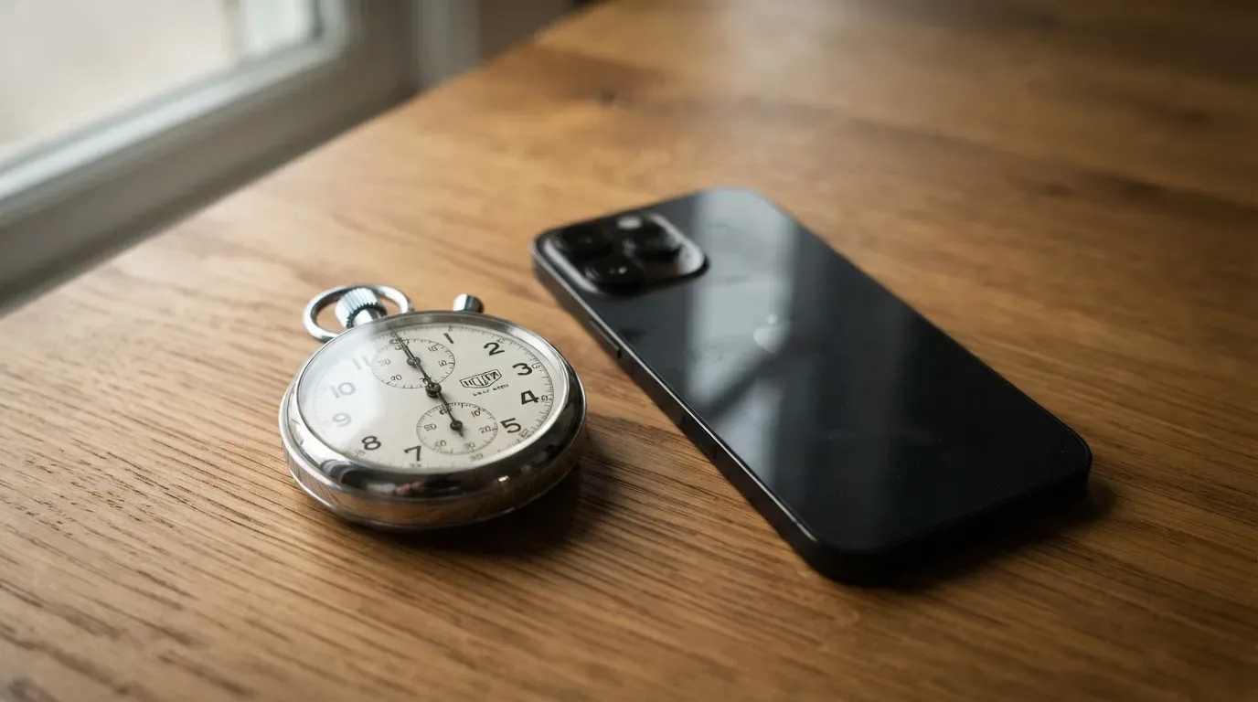 Eine Stoppuhr und ein Smartphone mit dunklem Display liegen nebeneinander auf einem Holztisch, weiches Fensterlicht