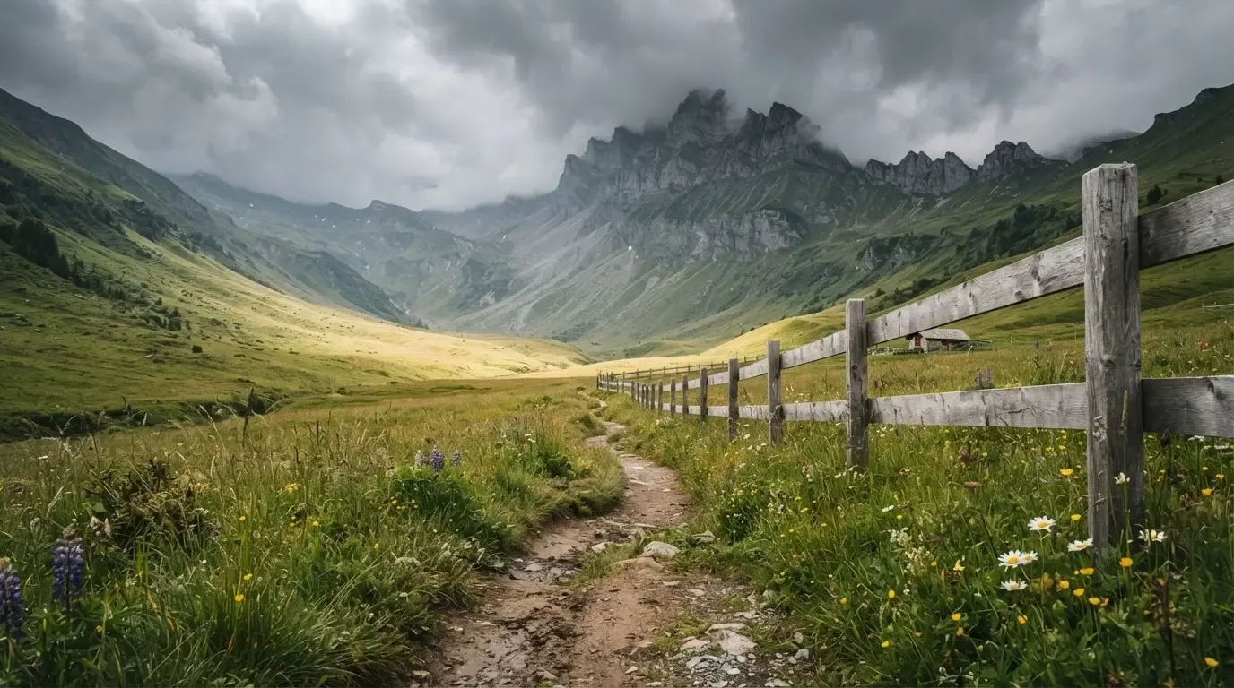 Ein Feldweg führt durch eine Alpwiese mit Holzzaun, im Hintergrund hängen Wolken über einem felsigen Gipfel