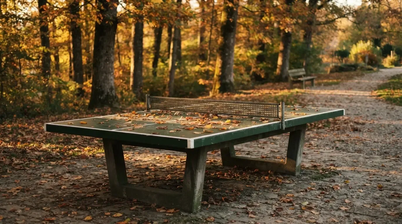 Eine Tischtennisplatte im Freien unter Bäumen, Herbstlaub liegt auf der Platte, das Licht fällt schräg durch die Äste