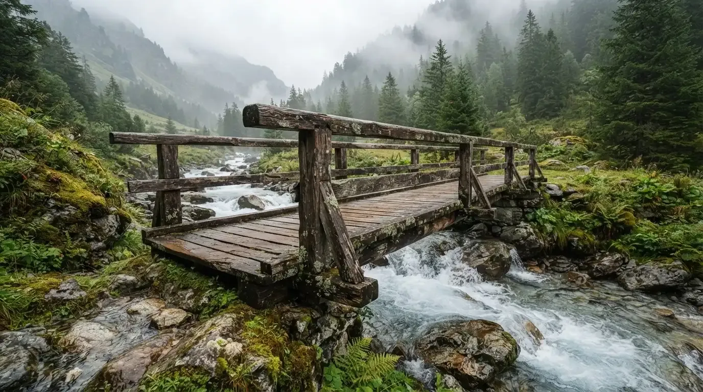 Eine alte Holzbrücke über einen Gebirgsbach, Moos auf den Steinen, Nebelschwaden hängen im Tal