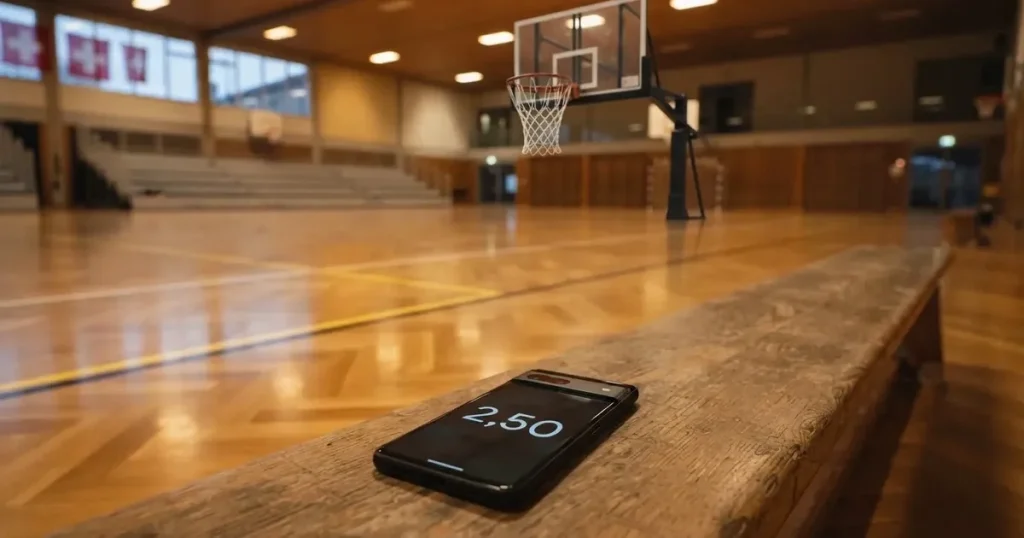 Ein Basketballkorb in einer leeren Halle, der Parkettboden glänzt im Licht der Deckenlampen