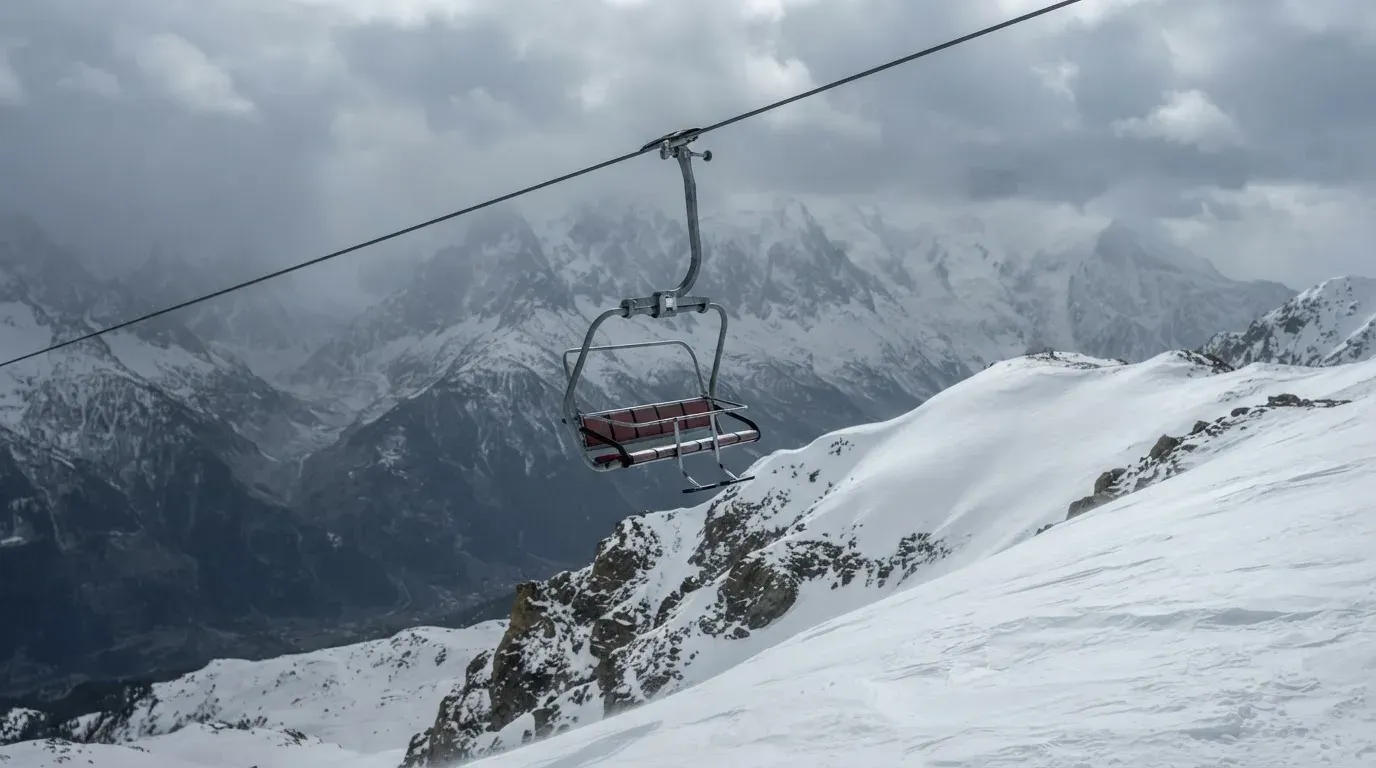 Ein Sessel eines Skilifts schwebt über einer verschneiten Hangkante, dahinter ziehen graue Wolken auf