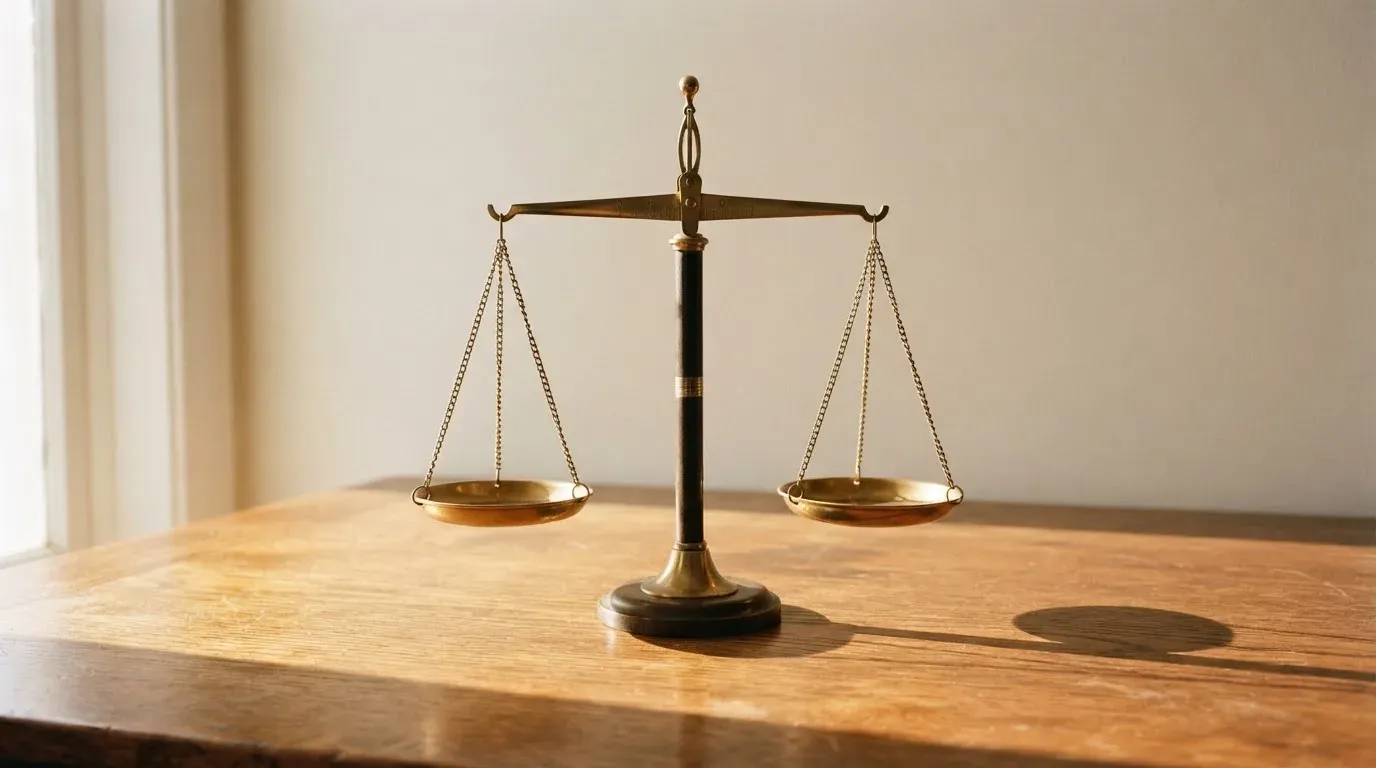 Eine Waage mit zwei leeren Schalen steht auf einem Schreibtisch, Seitenlicht wirft lange Schatten