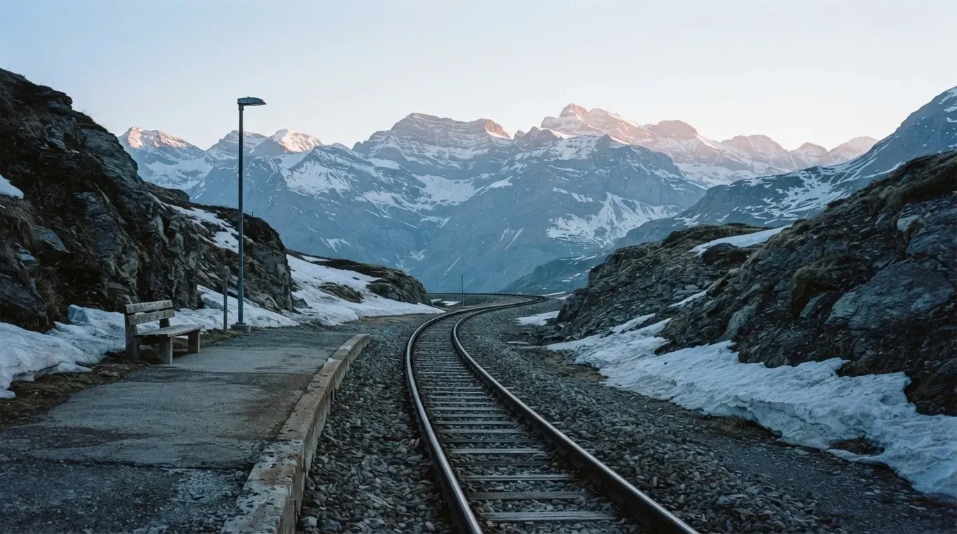 Ein Bahngleis in den Bergen mit Schneeresten und einem leeren Perron im Morgengrauen