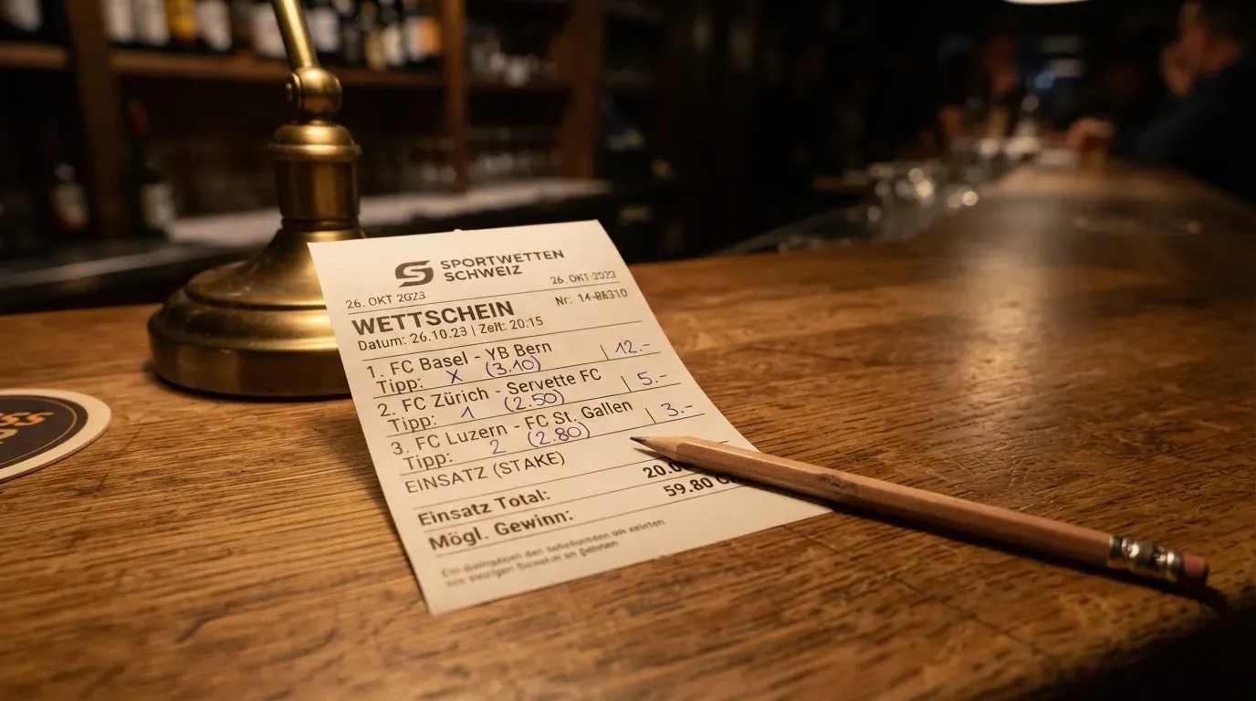 Ein leerer Wettschein aus Papier und ein Bleistift liegen auf einem Holztresen, warmes Licht einer Lampe