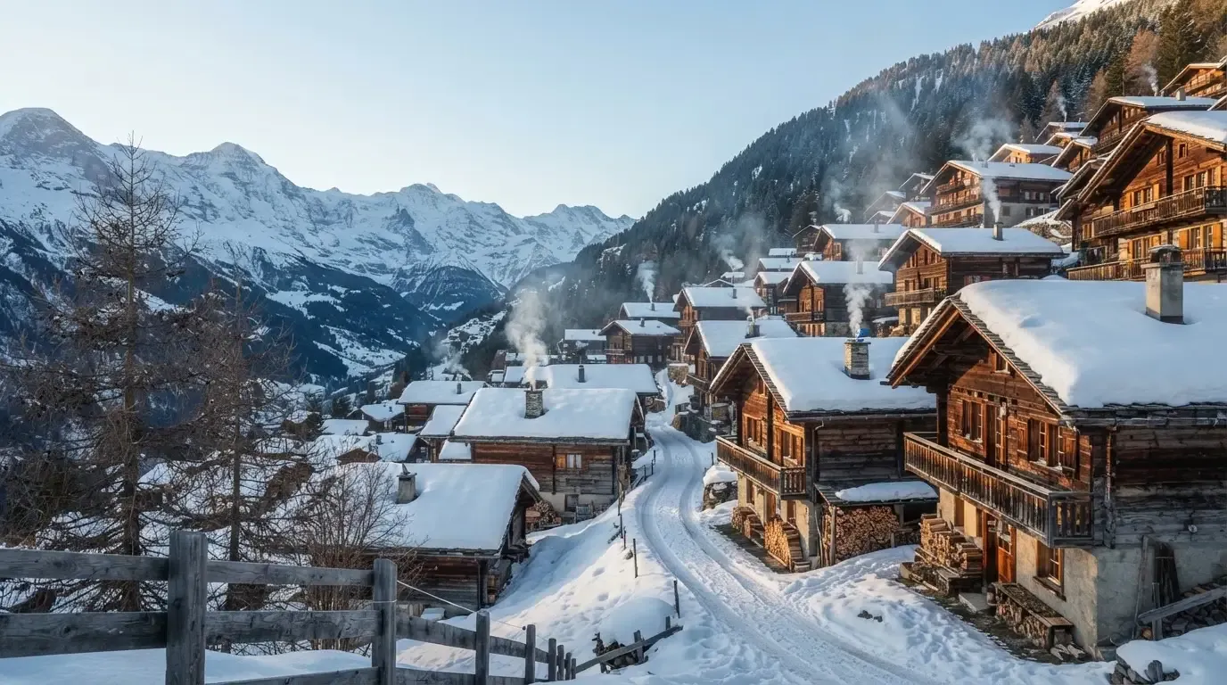 Ein Bergdorf mit Holzhäusern im Schnee, Rauch steigt aus einem Kamin, später Nachmittag mit tiefem Licht
