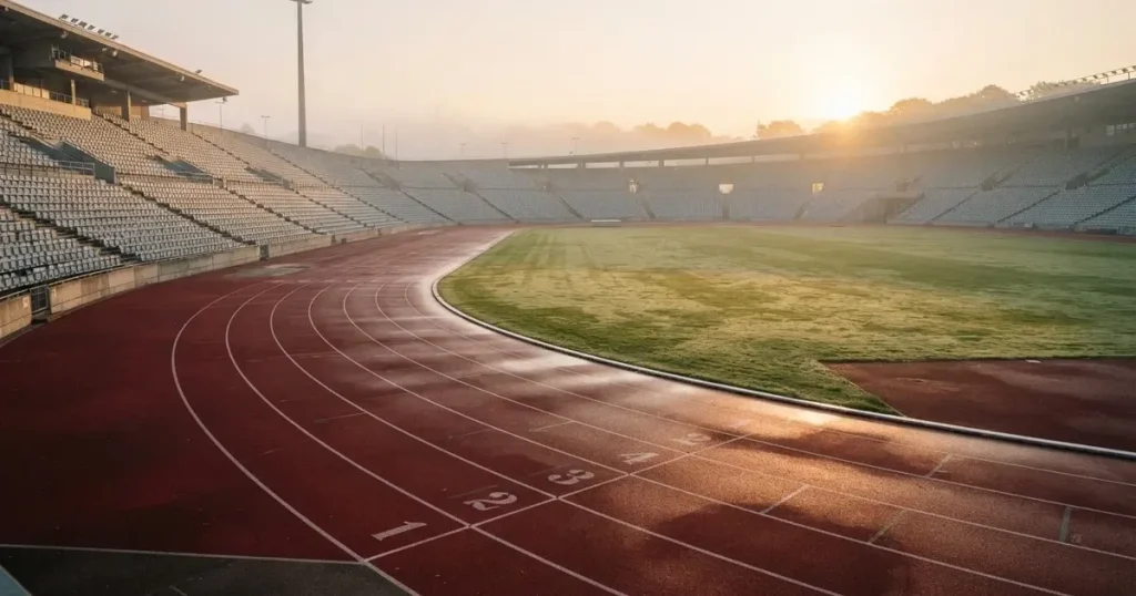 Eine rote Laufbahn in einem leeren Leichtathletikstadion, Morgentau liegt auf dem Rasen in der Mitte