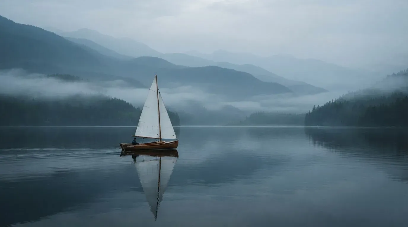 Ein kleines Segelboot auf einem ruhigen Bergsee, Nebel liegt am Ufer, die Berge verschwinden im Dunst