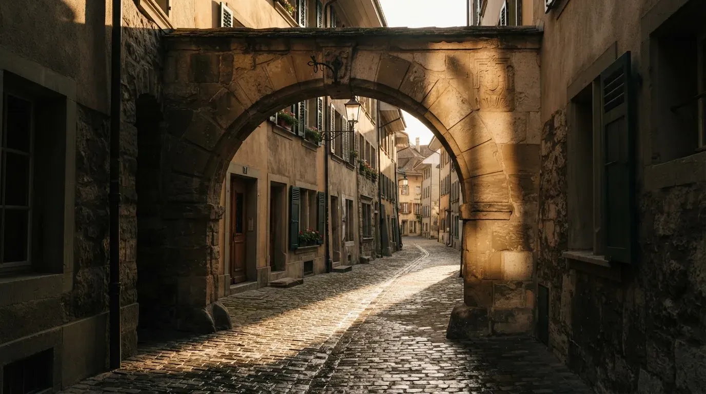 Ein steinerner Torbogen in einer Altstadtgasse, Morgensonne fällt schräg auf das Pflaster