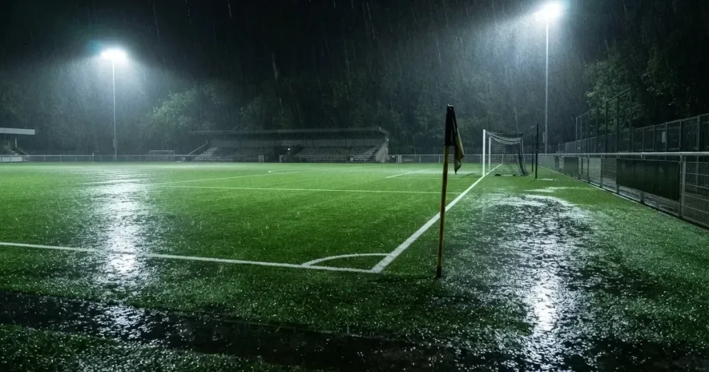 Ein Fussballplatz mit Kunstrasen im Regen, Pfützen spiegeln das Licht der Flutlichtmasten