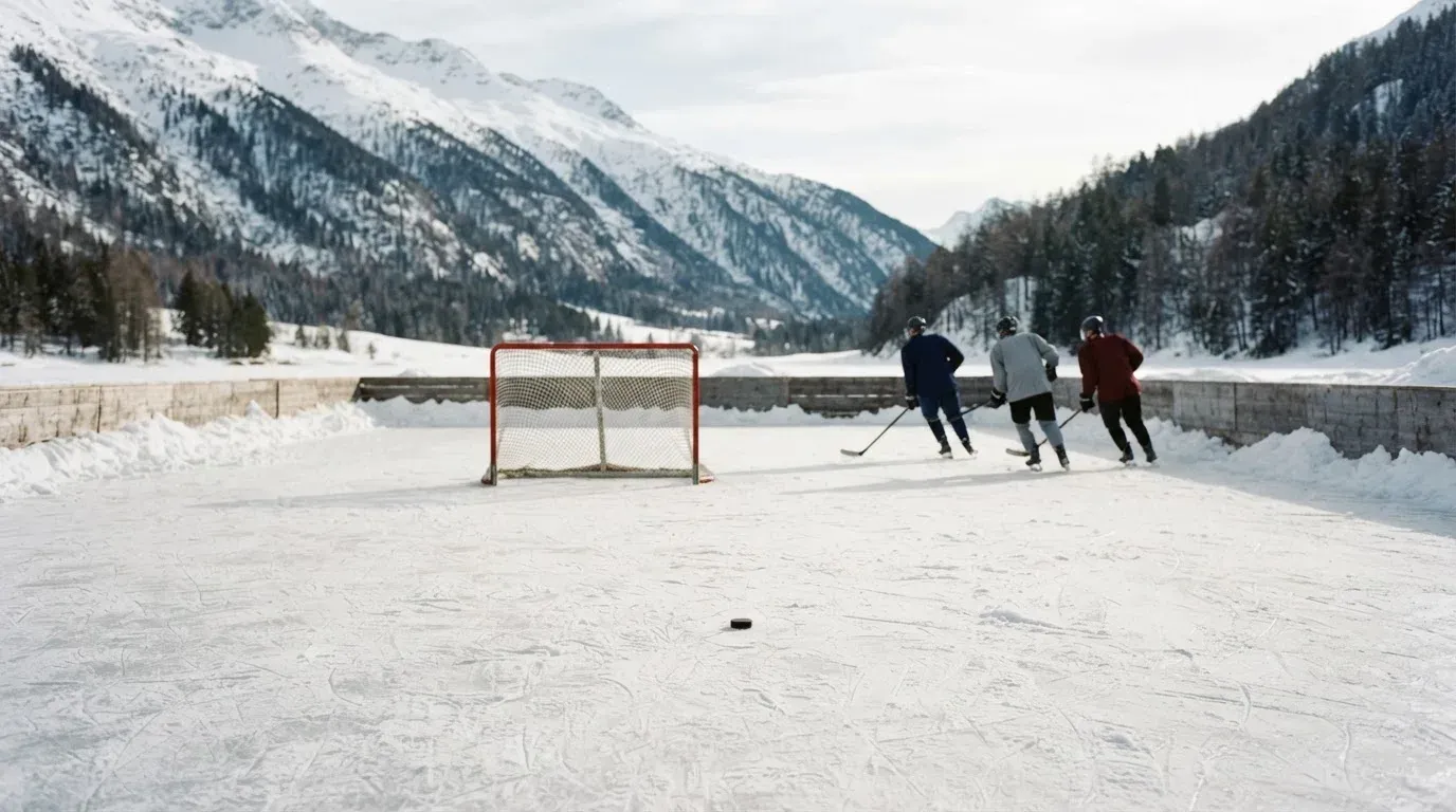 Ein Eishockeyfeld im Freien auf einem zugefrorenen See, Schneewehen an den Banden, klare Winterluft