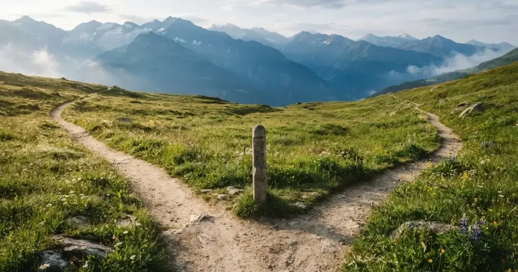 Zwei Wanderwege gabeln sich auf einer Wiese, dahinter steht eine Bergkette im Dunst