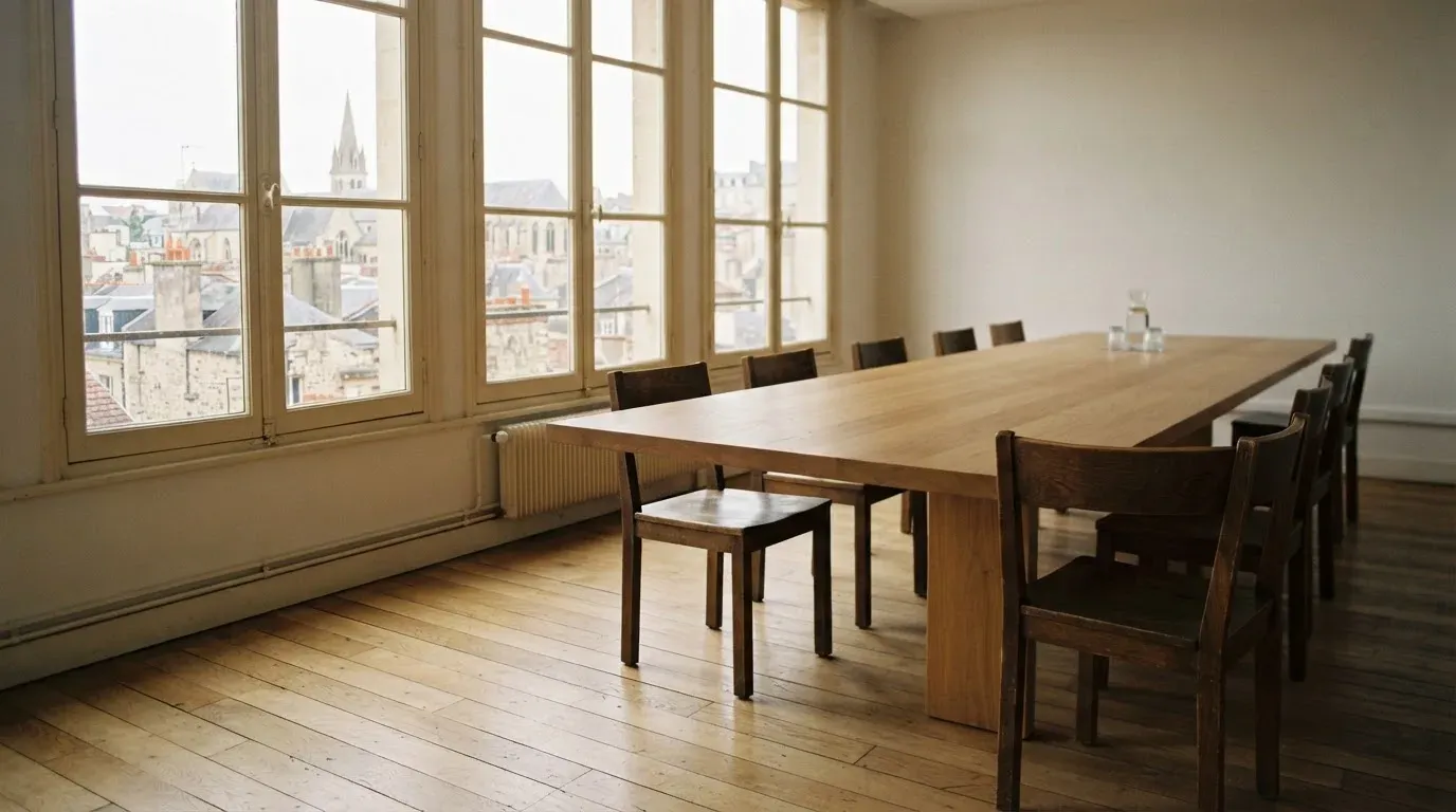 Ein langer Holztisch mit leeren Stühlen in einem hellen Raum, die Fenster geben den Blick auf Dächer frei