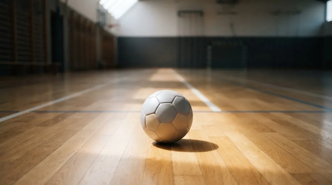 Ein Handball liegt auf dem Hallenboden einer leeren Sporthalle, Streifen von Licht aus den Oberlichtern