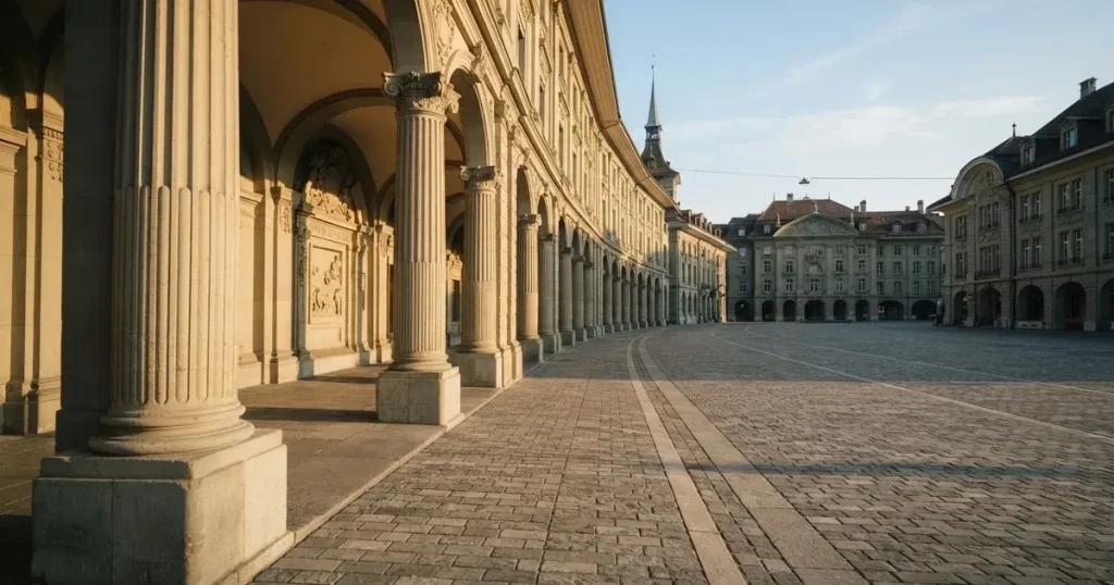 Eine Säulenhalle aus hellem Stein im Morgenlicht, davor ein leerer Platz mit glatt gefegtem Pflaster