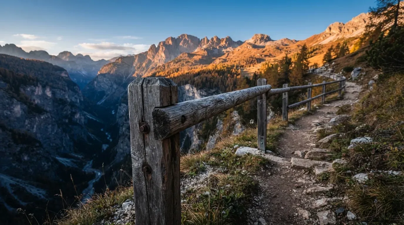 Ein stabiles Holzgeländer am Rand eines Wanderwegs über einer Schlucht, Gegenlicht über den Hängen