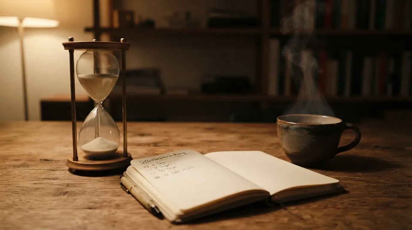 Eine Sanduhr steht neben einem Notizbuch mit handschriftlichen Notizen auf einem Holztisch, daneben dampft eine Tasse Tee.