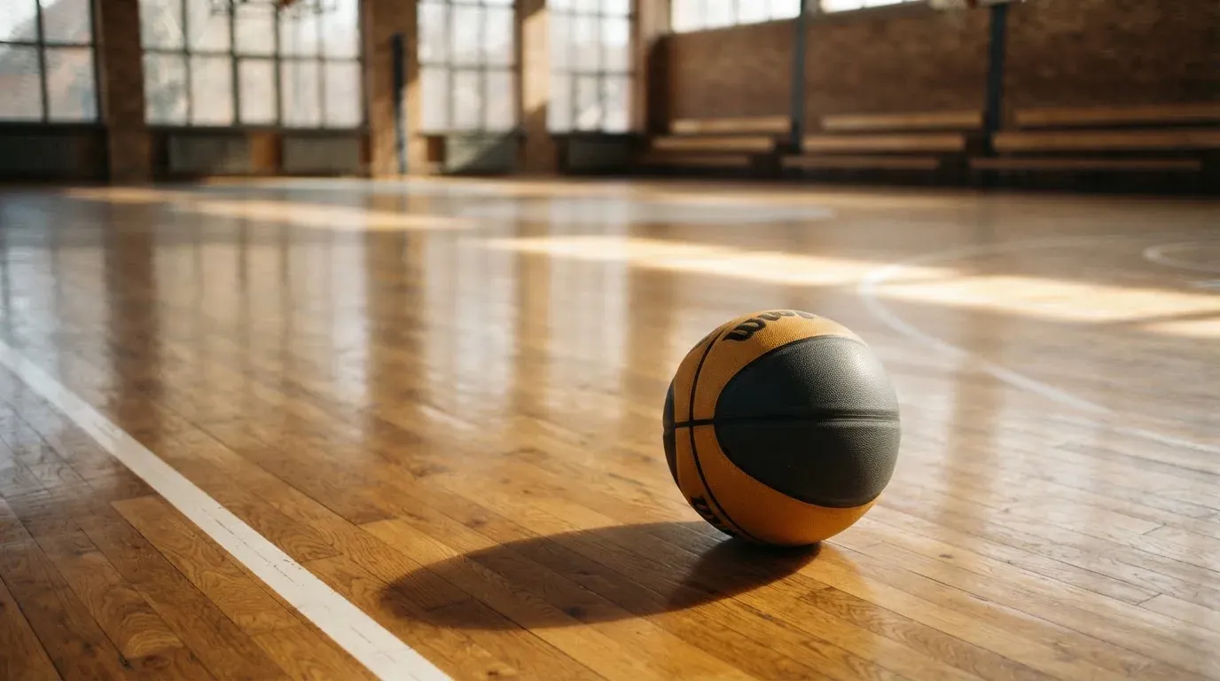 Ein Basketball ruht auf dem polierten Parkett einer leeren Halle, Nachmittagslicht fällt durch hohe Fenster.