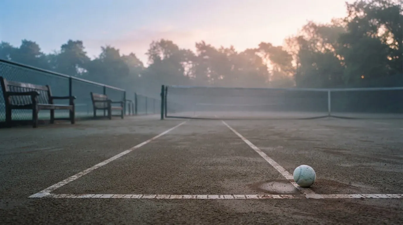 Ein gepflegter Tennisplatz im Morgengrauen, über der Grundlinie hängt leichter Nebel und die Bänke am Rand sind leer.
