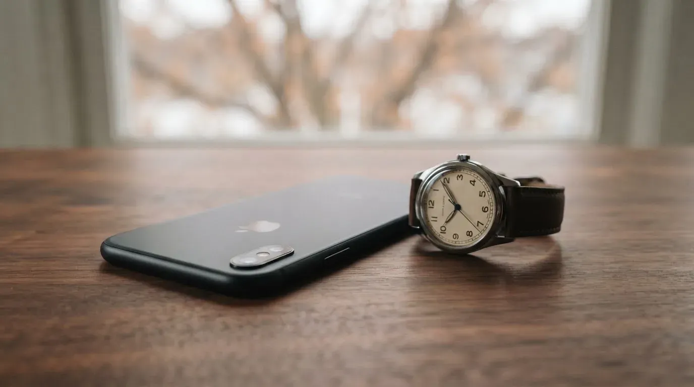 Ein Smartphone liegt mit dem Display nach unten auf einem Tisch neben einer Armbanduhr, im Hintergrund ein unscharfes Fenster.
