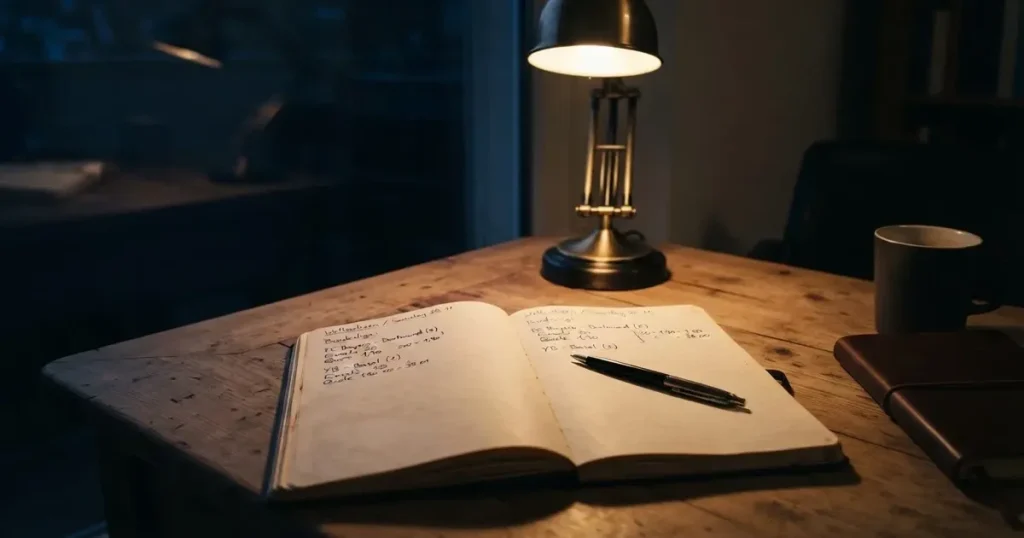 Eine Schreibtischlampe beleuchtet am späten Abend einen Block mit handschriftlichen Notizen und einen Stift.