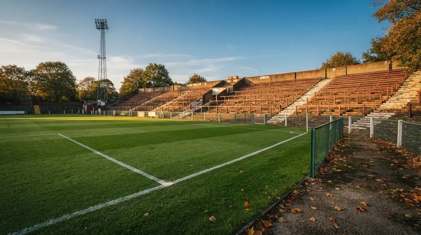Leere Zuschauerränge eines kleinen Stadions im Herbstlicht, davor ein Rasenplatz mit frisch gezogenen Linien.