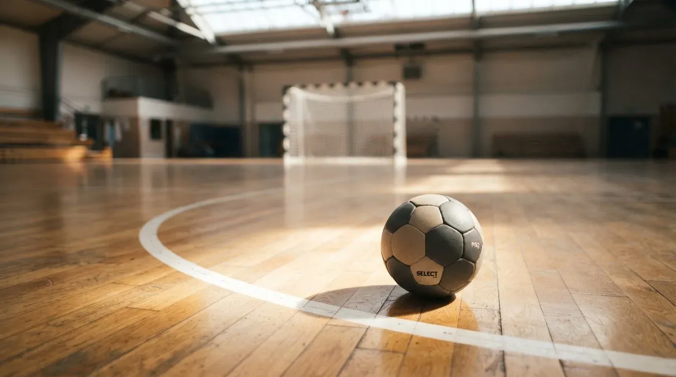 Ein Handball liegt am Rand des Torraums in einer leeren Sporthalle, Licht fällt durch Oberlichter auf den Hallenboden.