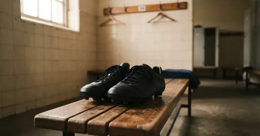 Zwei Fussballschuhe stehen nebeneinander auf einer Holzbank in einer leeren Umkleidekabine.