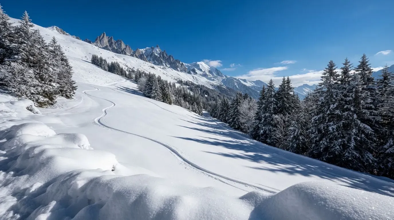 Ein Skihang mit frischen Spuren im Neuschnee unter blauem Himmel, am Rand stehen verschneite Tannen.