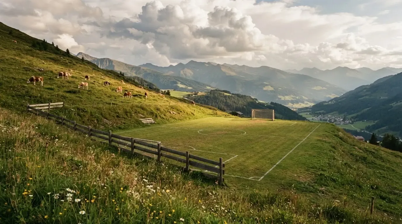 Ein Dorffussballplatz mit Holzzaun am Hang, dahinter grasen Kühe auf einer Weide unter hohen Wolken.