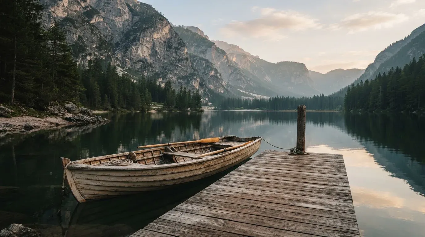 Ein schmales Ruderboot liegt an einem hölzernen Steg an einem Bergsee, dahinter steigen steile Felswände auf.