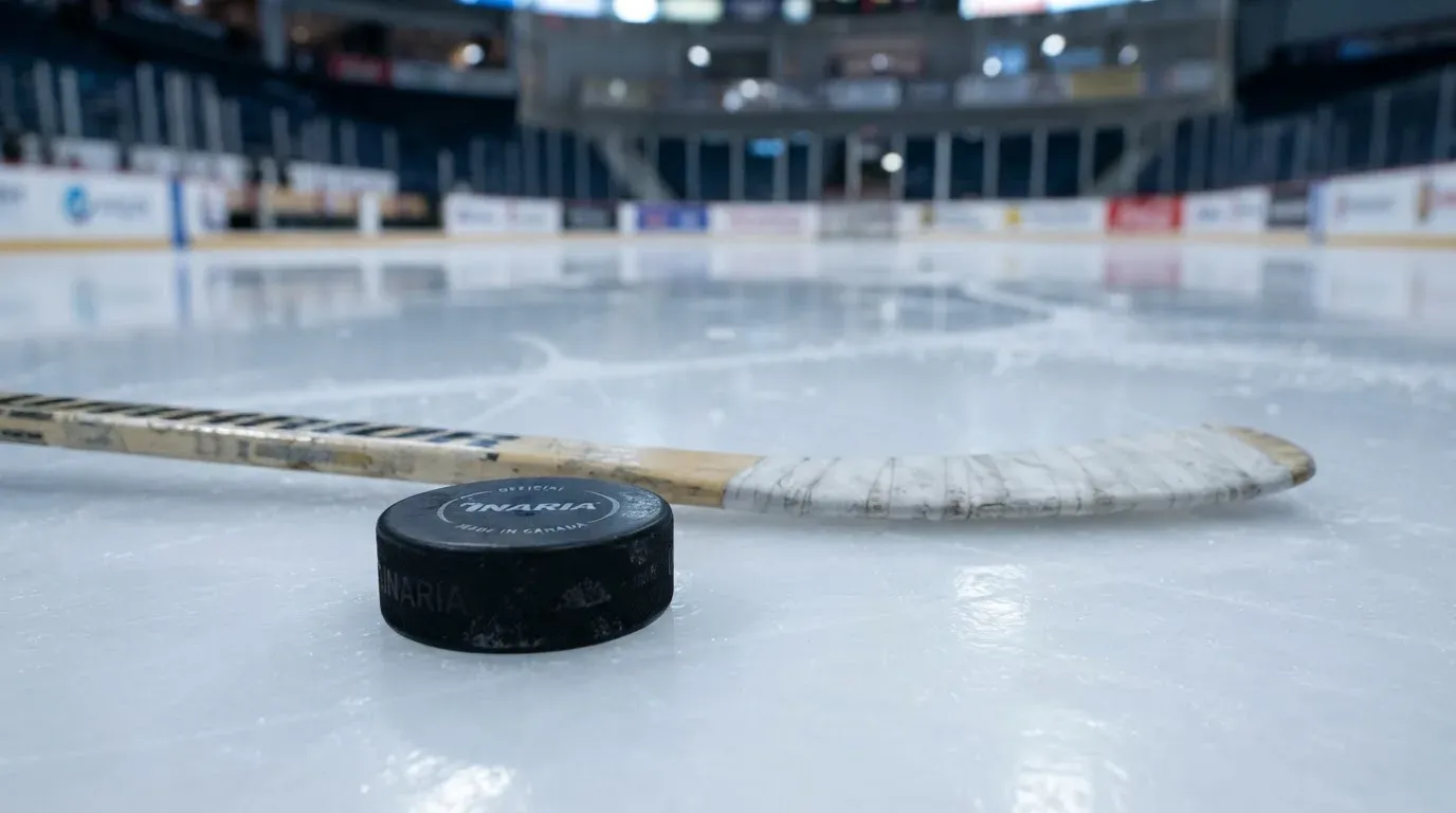 Ein Eishockeypuck und ein Schläger liegen auf einer glänzenden Eisfläche, im Hintergrund verschwimmen leere Banden.
