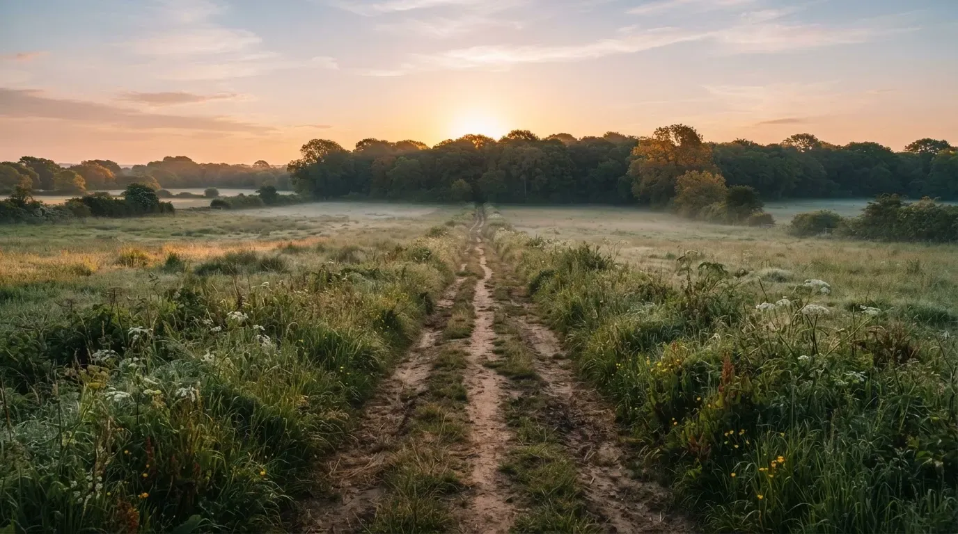 Ein Feldweg führt bei Sonnenaufgang zwischen Wiesen auf ein Waldstück zu.