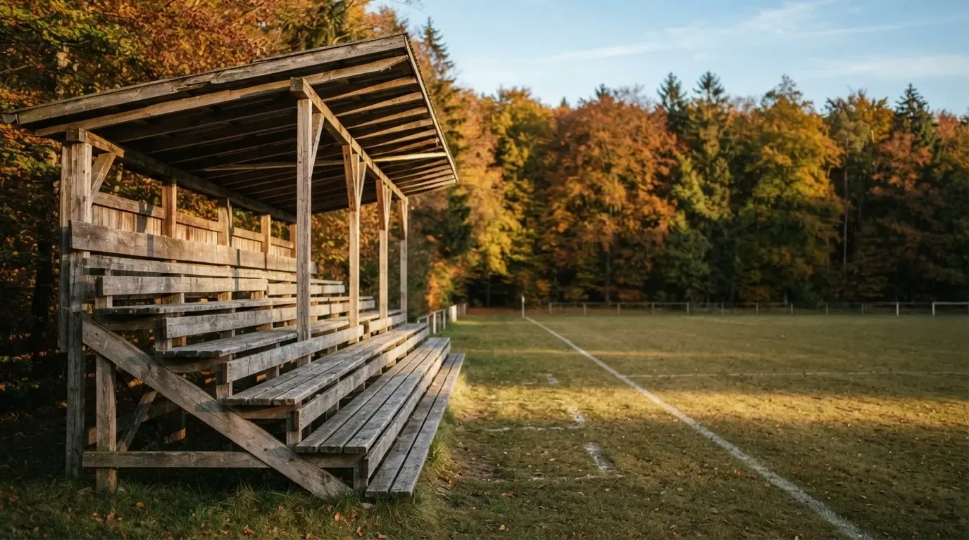 Eine leere Holztribüne steht am Waldrand neben einem kleinen Sportplatz im Herbstlicht.
