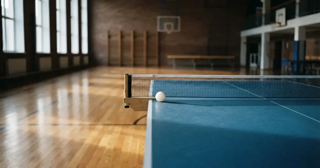 Eine Tischtennisplatte steht in einer leeren Sporthalle, ein einzelner Ball liegt am Netz und Tageslicht fällt von der Seite ein.