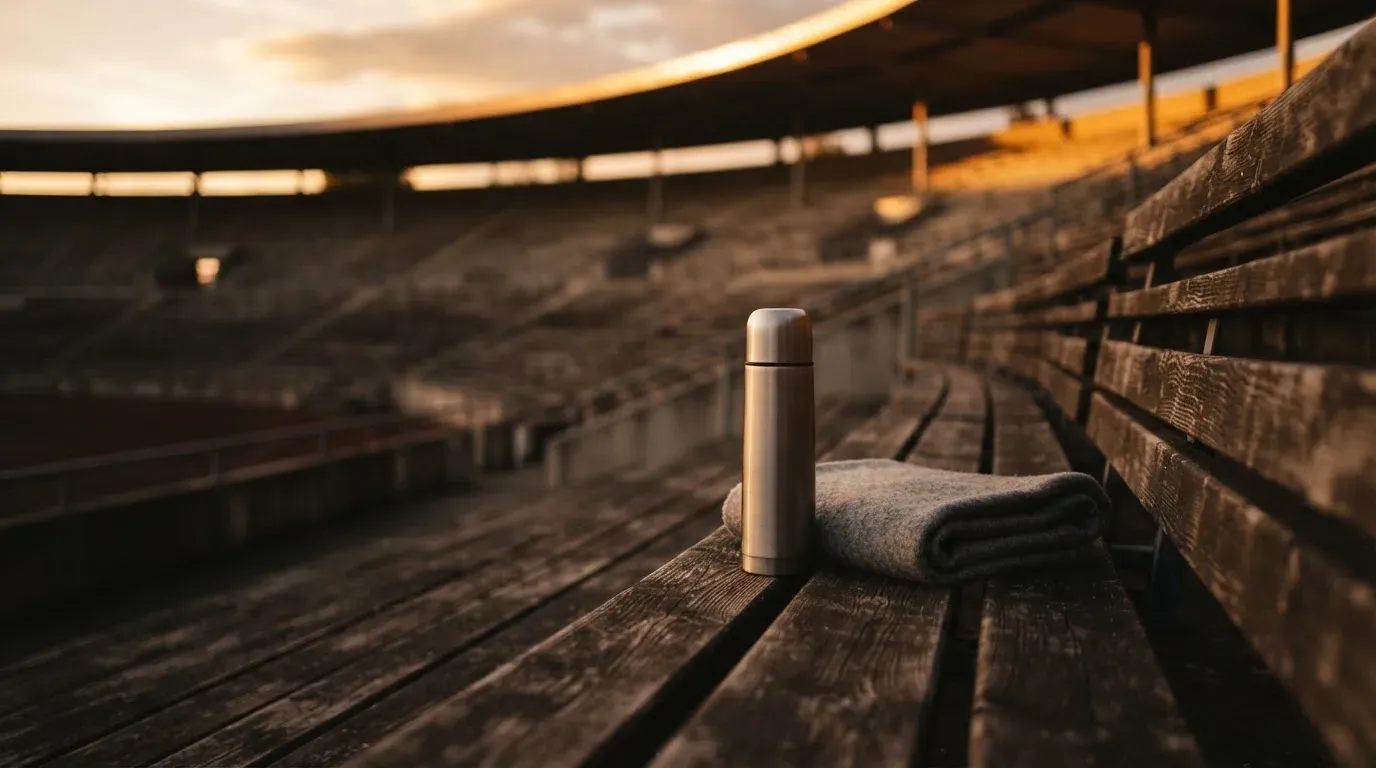Eine Thermoskanne und eine zusammengelegte Wolldecke stehen auf einer leeren Stadionbank, die Sonne geht hinter den Rängen unter.