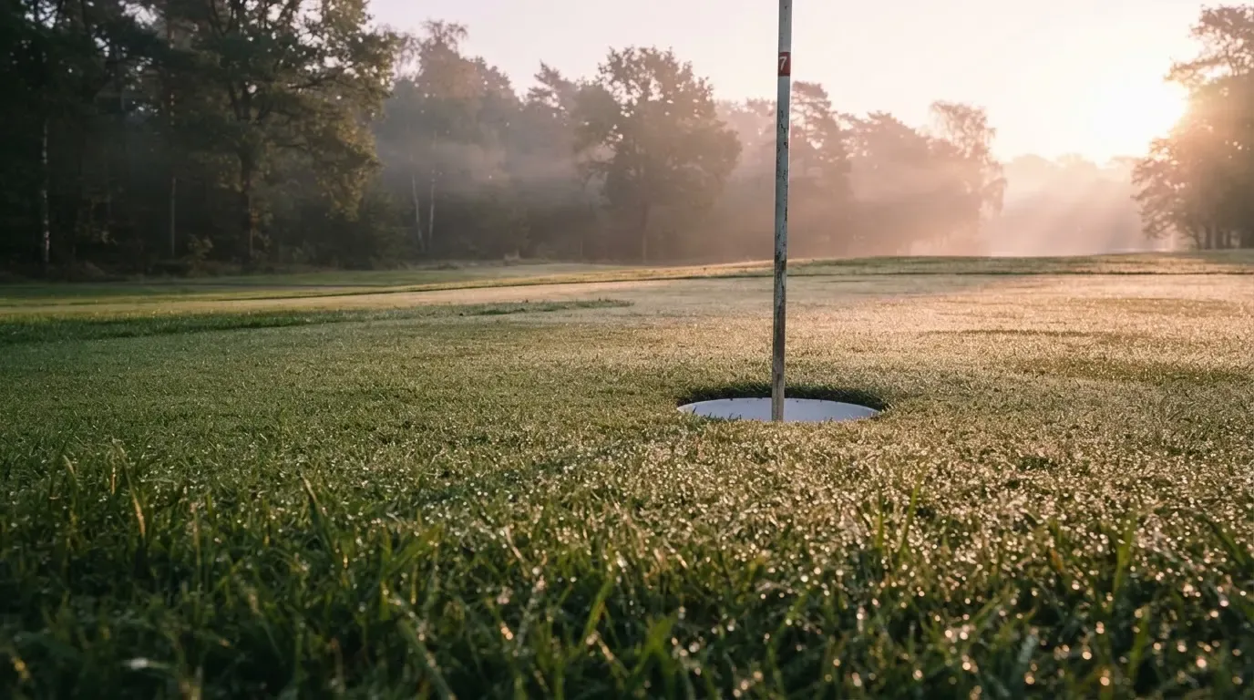 Ein Golfgrün bei Sonnenaufgang mit Tau auf dem Rasen, die Fahnenstange fehlt und im Hintergrund ziehen Nebelschwaden.