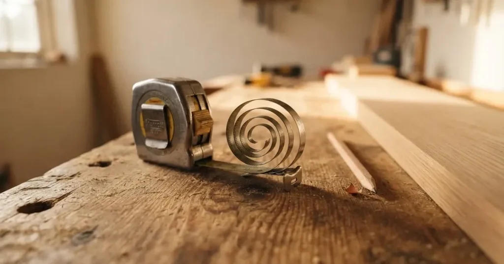 Ein Massband liegt aufgerollt auf einer Werkbank neben einem Bleistift und einem Holzbrett.