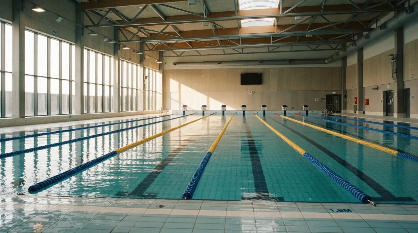 Eine ruhige Schwimmhalle mit glattem Wasser im Becken und gespannten Bahnleinen, Licht fällt durch hohe Fenster.