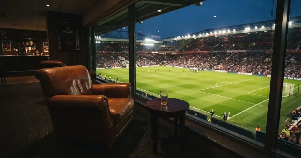 Ein leerer Ledersessel steht in einer Stadionloge mit Blick auf das Spielfeld im Abendlicht.