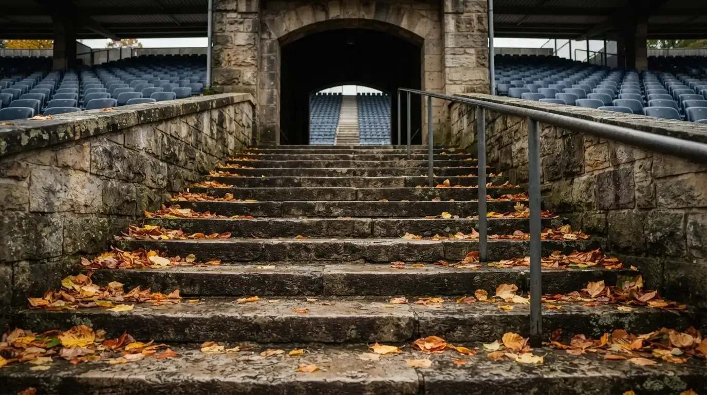 Eine breite Steintreppe führt zum Eingang einer Tribüne, Herbstlaub liegt auf den Stufen.