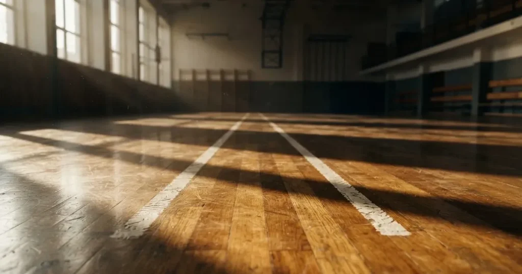 Zwei versetzte Startlinien aus Kreide auf dem Boden einer leeren Sporthalle, das Licht fällt schräg von der Seite.