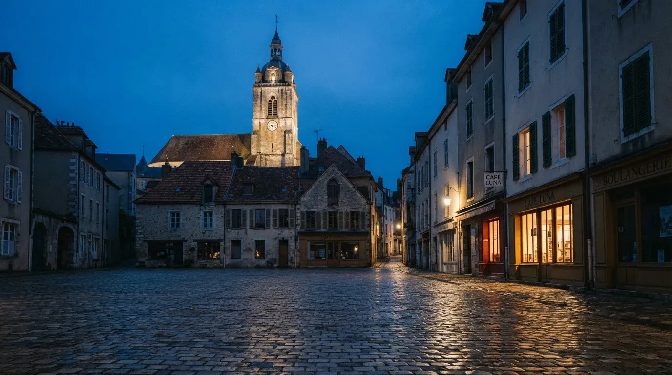 Ein Kopfsteinpflasterplatz vor einer Kirche in einer Altstadt am Abend, warme Fensterlichter und menschenleere Gassen.