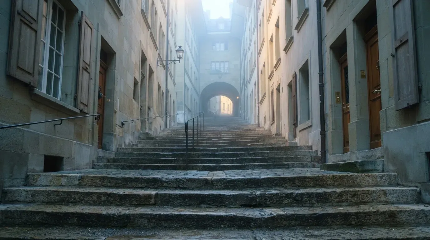 Eine breite Sandsteintreppe in einer Berner Altstadtgasse am frühen Morgen, niemand zu sehen, weiches Licht und leichter Nebel.
