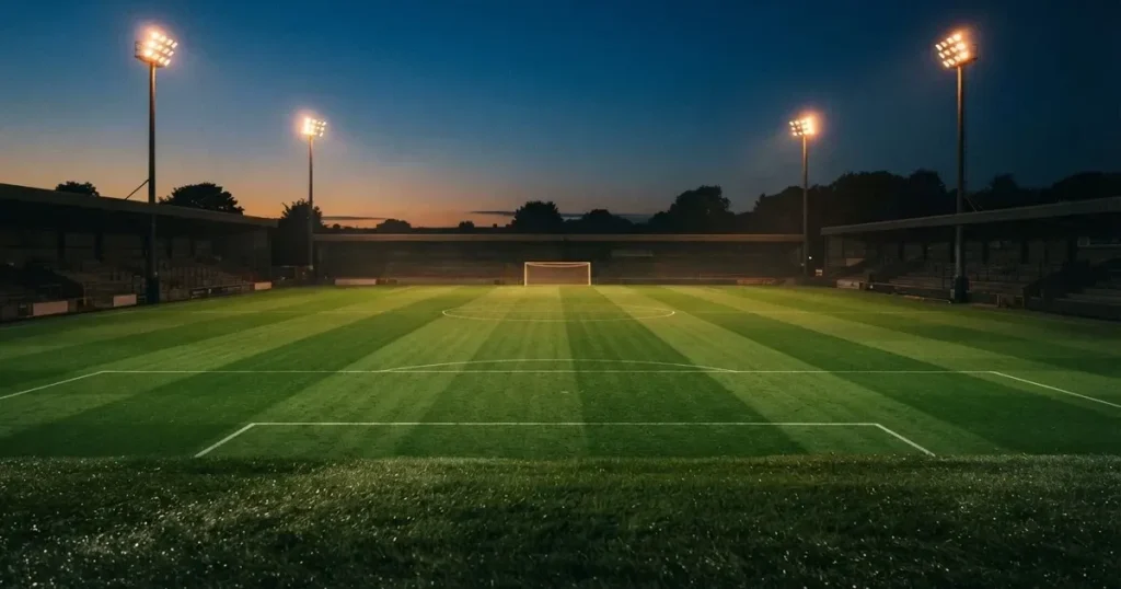 Ein menschenleerer Fussballplatz mit frisch gemähtem Rasen unter Flutlichtmasten in der Abenddämmerung, aus erhöhter Perspektive fotografiert.