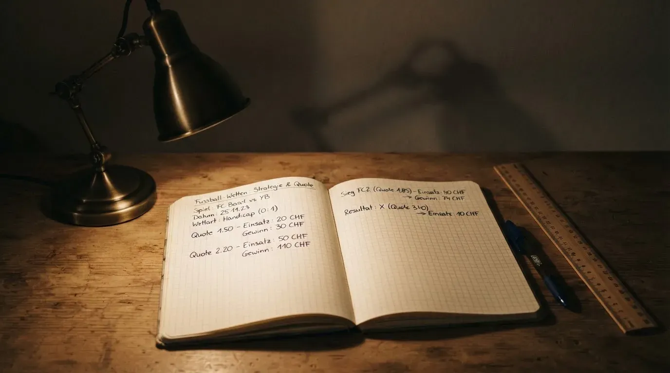 Eine Schreibtischlampe beleuchtet ein kariertes Heft mit handschriftlichen Skizzen, daneben liegt ein Lineal aus Holz.