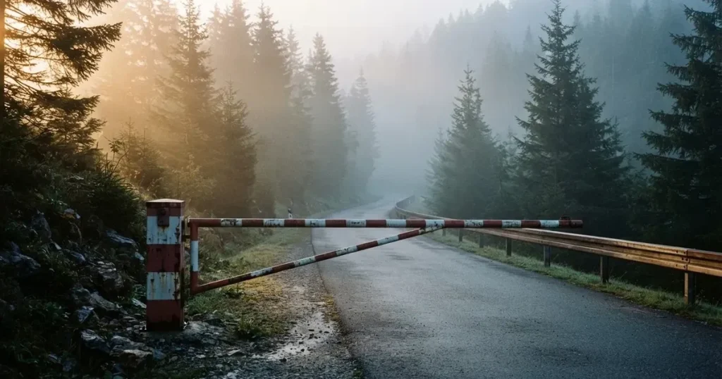 Ein geschlossener Schlagbaum an einer Landstrasse im Gebirge, Morgennebel steht zwischen den Tannen.